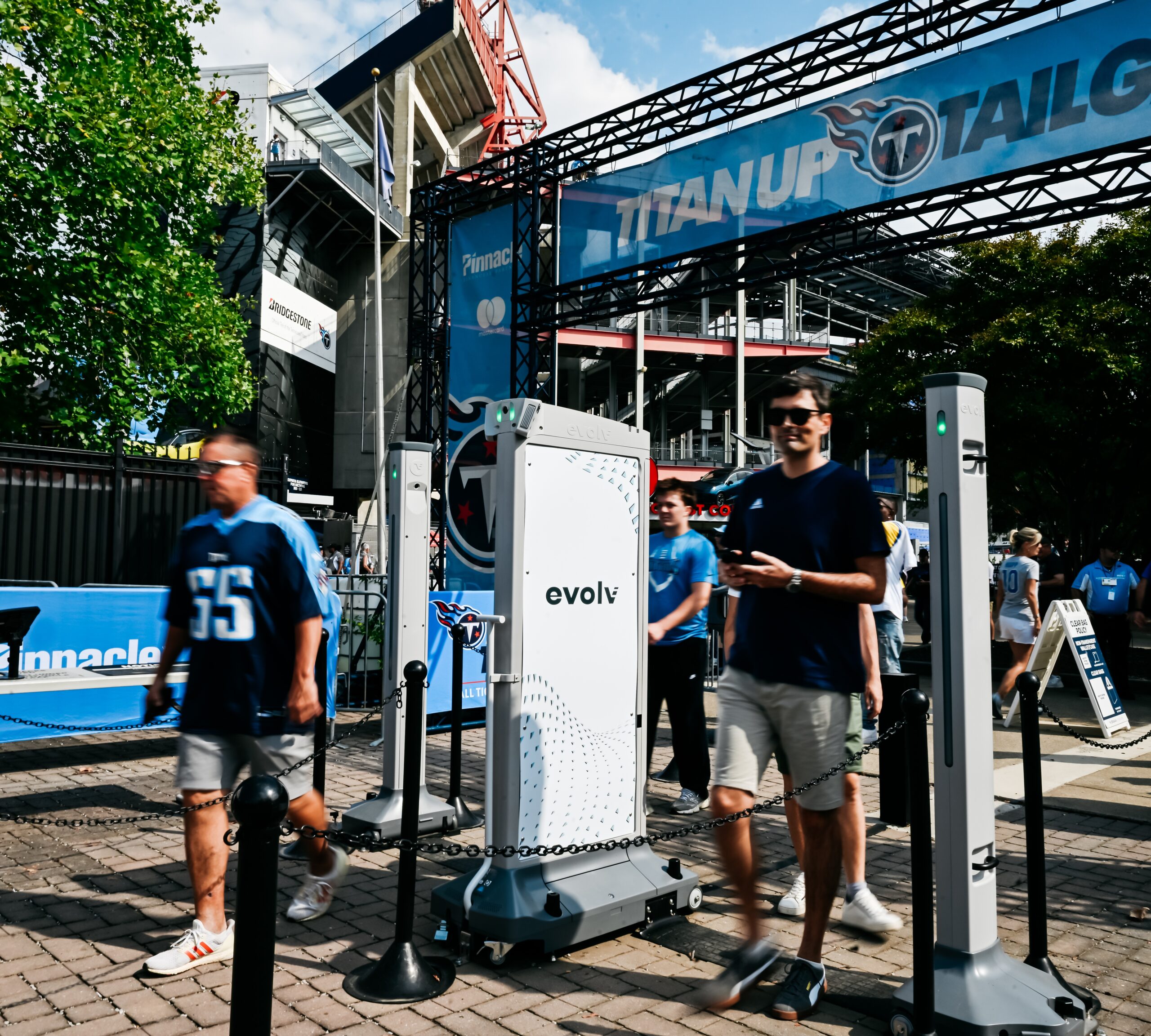 Tennessee Titans fans walking through Evolv Express® Gen2 systems at Nissan Stadium.